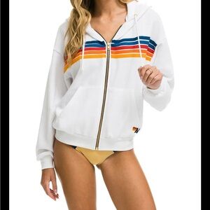 Aviator Nation White Zip-Up Hoodie with Colorful Stripes